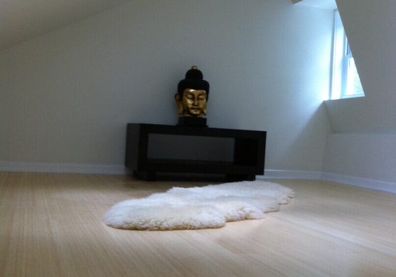 A room with a tv and a buddha statue